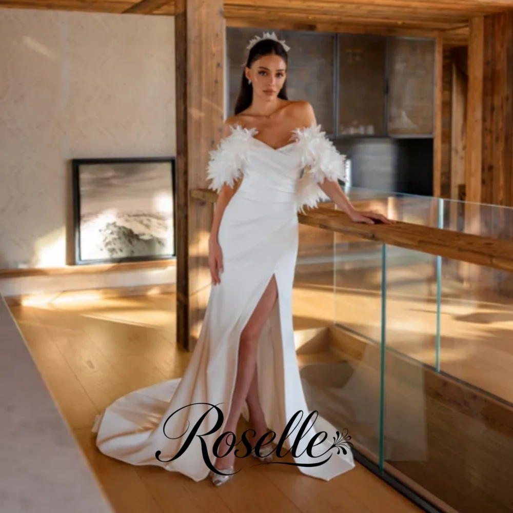 ROSELLE V-Neck Mermaid Feathers Wedding Dress Pleat High Side Slit Open Back Women 2026 Bridal Gown Customized свадебное платьеl