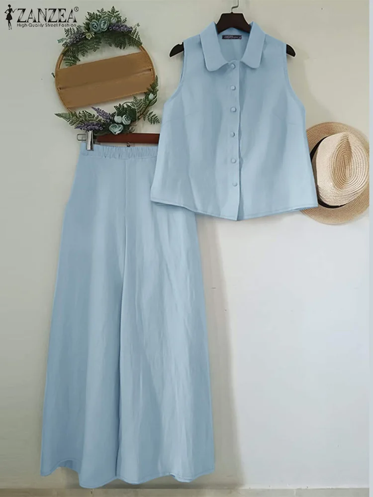 

ZANZEA Turn-down Collar Sleeveless Shirt Wide Leg Pant Suits Solid Comute Trendy Casual 2pcs Outfits Elegant Women Pant Sets