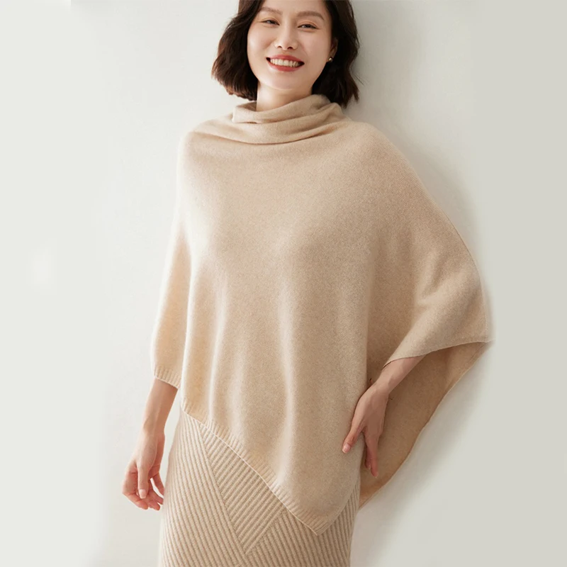 Turtleneck Cashmere Poncho Pullover Shawls 100%Wool Knitted Irregular Cloak Fashion Soft Warm Wollen Bat Sleeve Loose Pullovers