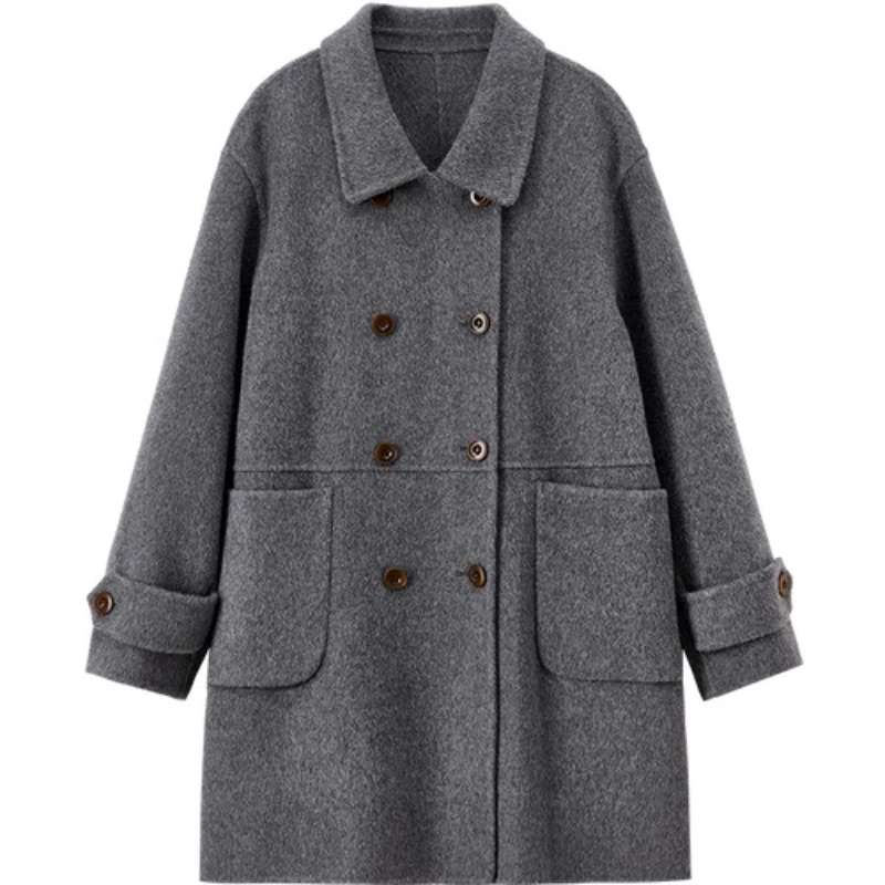 เสื้อโค้ทขนสัตว์แท้ 100% สำหรับผู้หญิง ยี่ห้อ SENTUBILA รุ่น W54OA2434 คอลเลคชั่นฤดูหนาว 2025 ดีไซน์ตัดต่อสี กระดุมสองแถว ทรงหลวม สไตล์ลำลอง