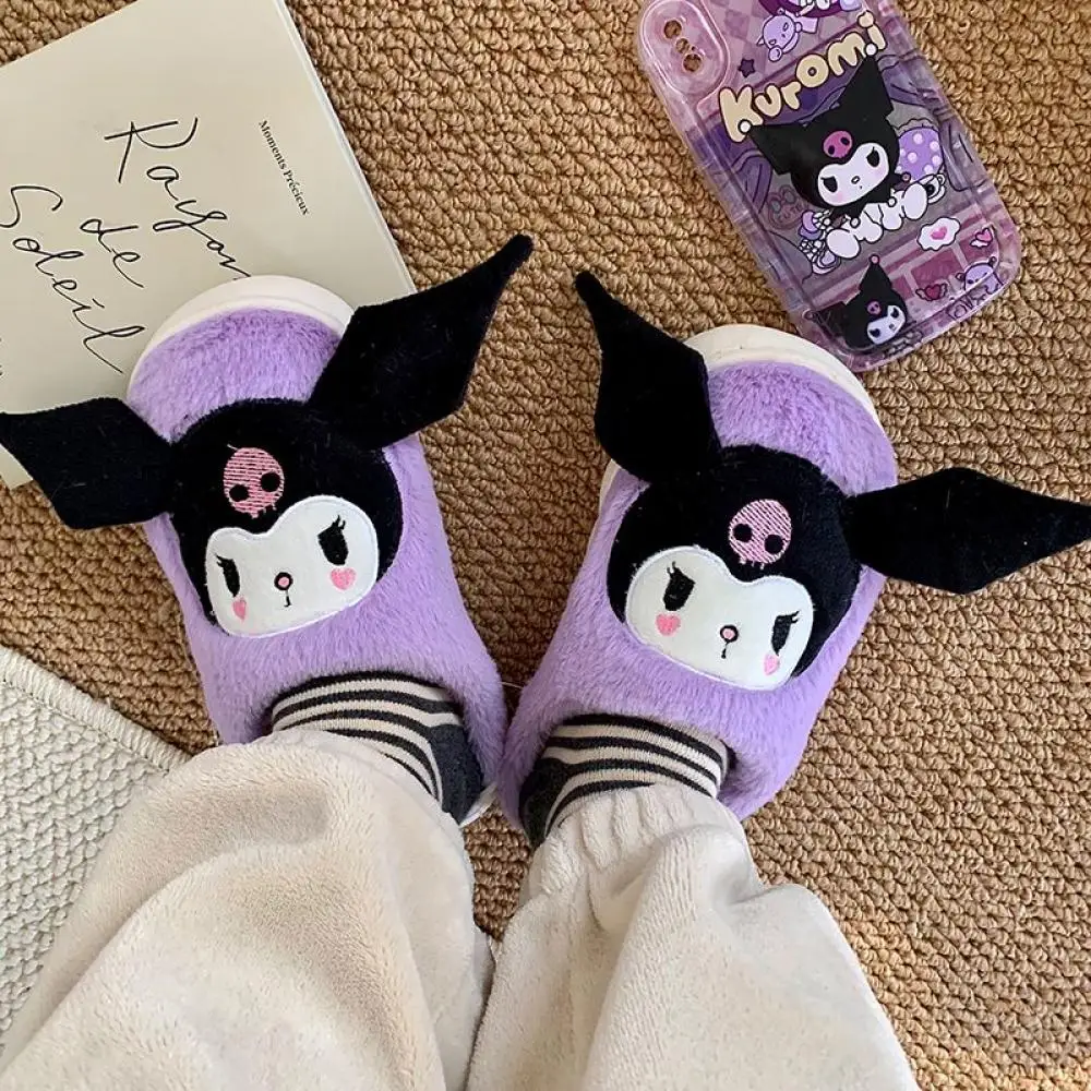 Zapatillas de felpa de Anime Kuromi Sanrios para niñas, Zapatillas de casa bonitas y cálidas con melodía Kawaii Cinnamoroll, antideslizantes y gruesas, regalo divertido