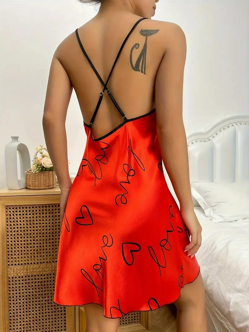 Satin Sleepwear Dress for Women Sexy Lingerie Heart Letter Printed Round Neck Backless Comfortable Nightdress Nightgowns