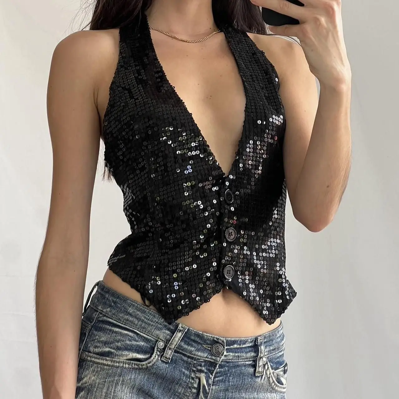 New Sexy Backless Buttoned Cardigan Sequin Halterneck Sleeveless Vest for Women