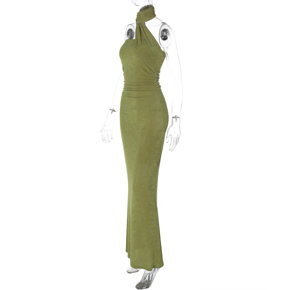 Hugcitar Elegant Solid Halter Sleeveless Backless Ruched Sexy Bodycon Maxi Dress Summer Women Y2K Outfit Evening Party Festival
