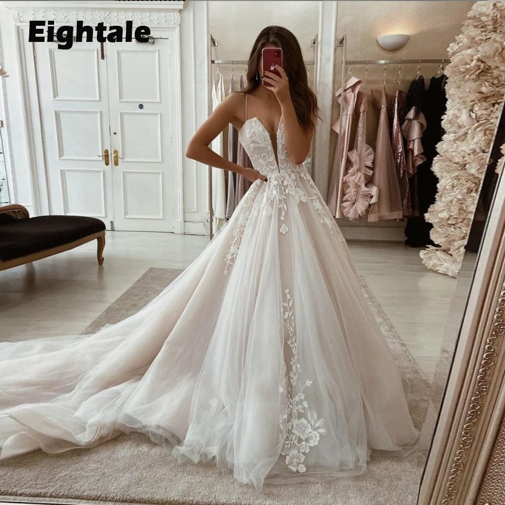 

Eightale Vintage Wedding Dress Boho V-Neck Appliques Lace A-Line Court Train Princess Bridal Gowns White Ivory vestido de novias