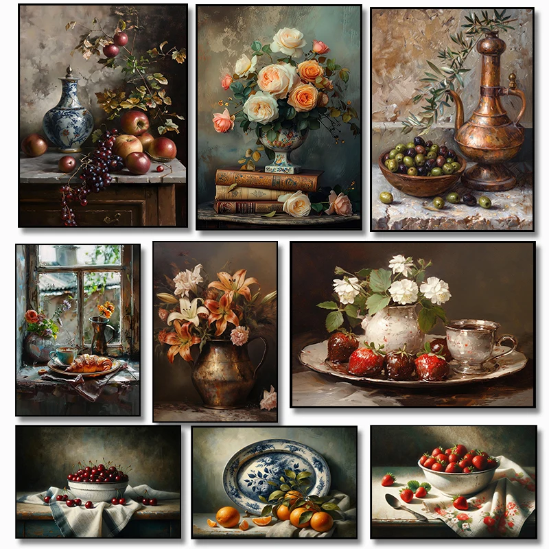 Ländliche Blumen Vase Pflanzen Obst Vintage Stillleben Kunst Poster Drucke Leinwand Gemälde Wandbild Wohnzimmer Heimdekoration