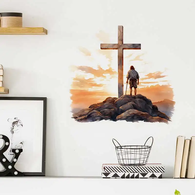 Watercolor Man Before Cross  Sunset Christian Wall Sticker Bathroom Decor Room Cabinet Refrigerator Home Decoration Decals M1508