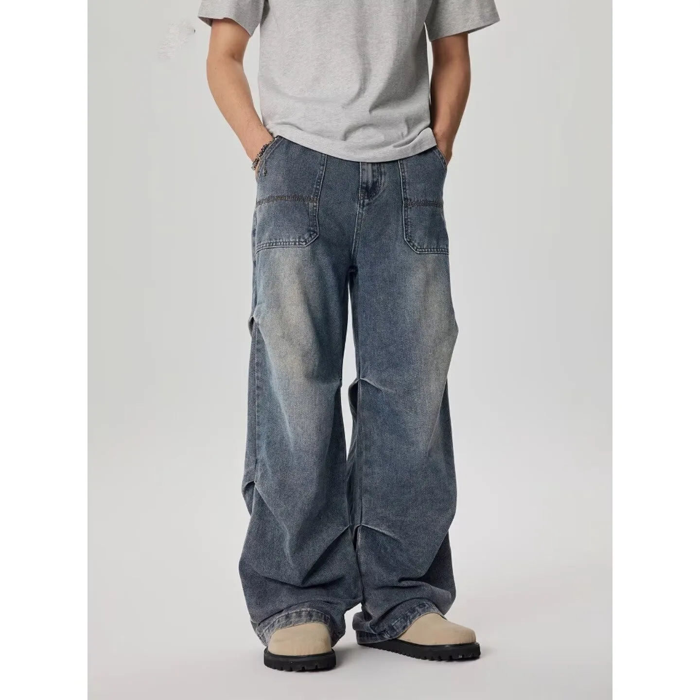 

Весенне-осенние модные брендовые потертые синие джинсы в американском стиле ретро, новые свободные прямые брюки, модные уличные брюки