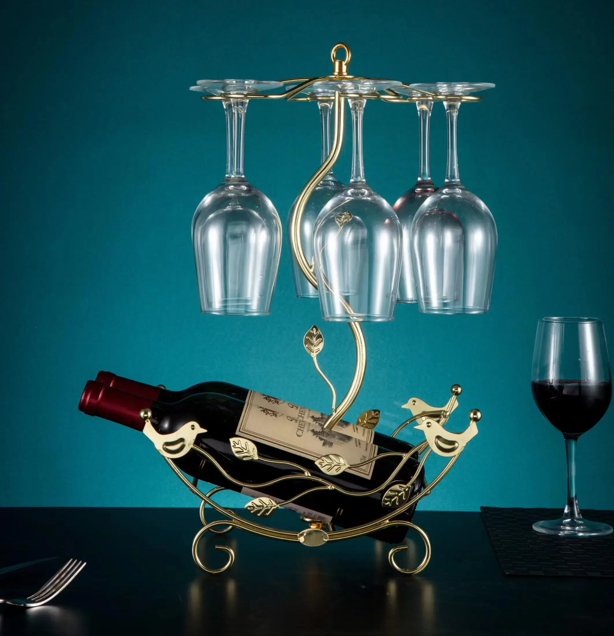 Countertop Wine Rack with Glass Holder Freestanding Metal Wine Bottle and Stemware Display Stand Holds 2 Bottles 6 Glasses Elegant Storage Organizer for Home Bar Dining Room Kitchen