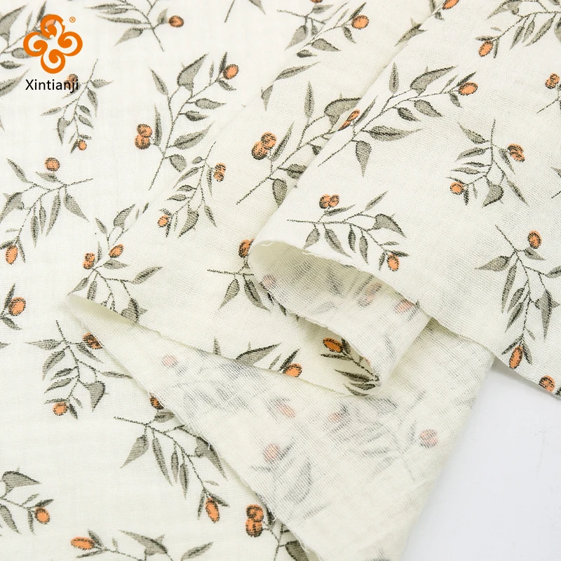 100x135cm Soft Cotton Gauze Fabric Plant Leaves Print Double Layer Gauze Children Flower Pants Pajamas DIY Material By The Meter