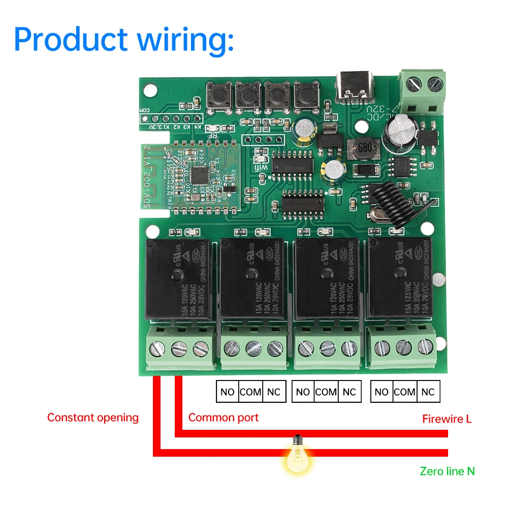 Type-C 1/4 Channel Wifi BT Remote Control Relay Switch Module Supports 433Mhz RF for eWeLink APP 1 Way 4 Way AC/DC7-32V DC 5V