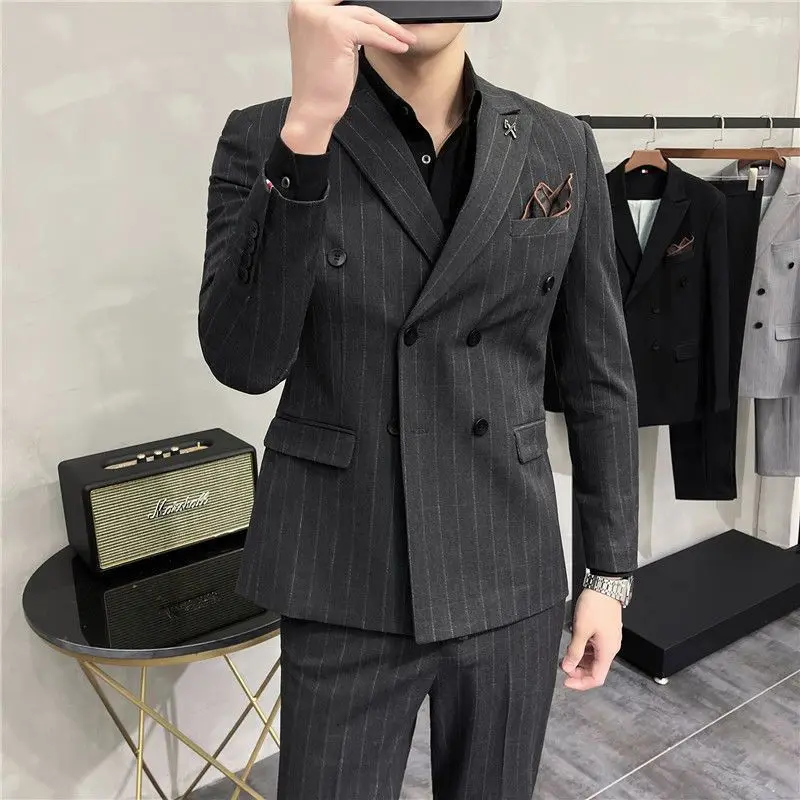 C219set pakaian formal pria, setelan 3 potong, kasual bergaris kecil versi Korea, slim fit, pengantin laki-laki, gaun pernikahan