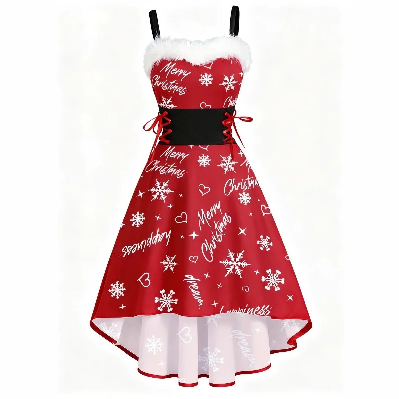 Navidad 2026 nueva atmósfera elegante camisola vestido de fiesta chica conejito cuello de piel fuera del hombro arco camisola vestido Sexy