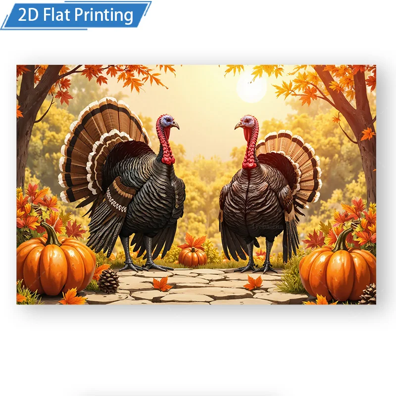 [2D FLAT] 1pc 4x16inch Metal Sign Fall Turkey Scene Metal Wall Art 2D Printed Autumn Pumpkin Forest Decor for Home