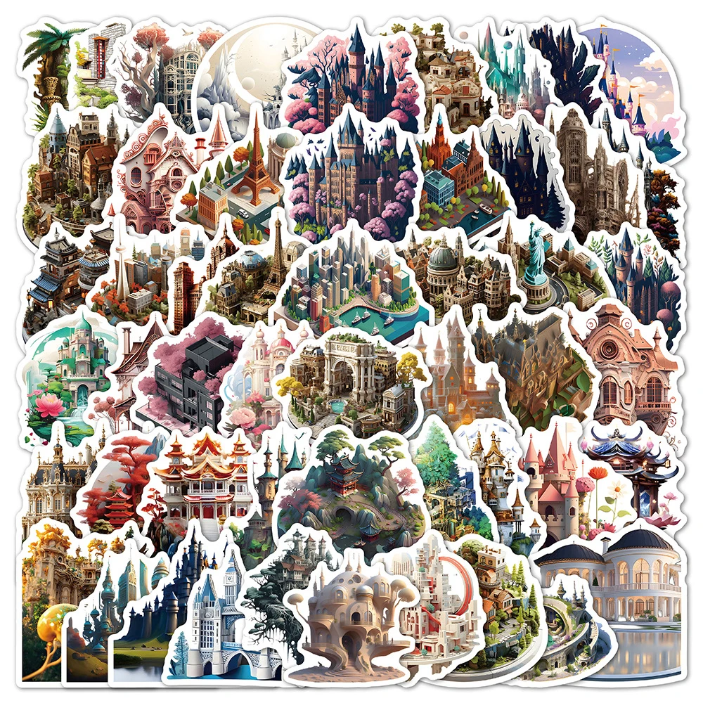 

10/30/50pcs Cartoon Castle Architectural Stickers Vintage Building Aesthetic Sticker DIY Phone Luggage Scrapbook Graffiti Decals