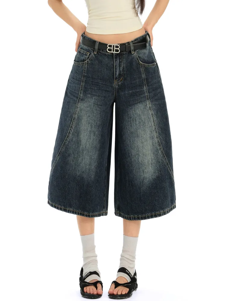 

Amrican Vintage Casual Loose Denim Calf length Baggy Pants Mujer Y2K Streetwear Summer High Waist Wide Leg Jean Shorts Femme