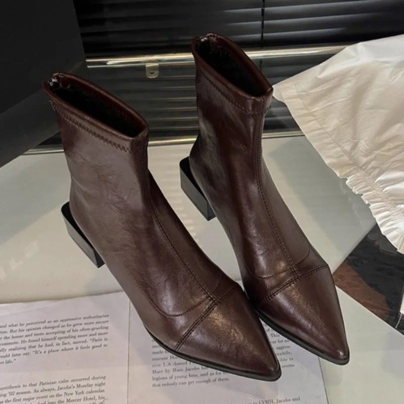 

Women Mid Heels Ankle Boots Fad Pointed Toe Leather Shoes Designer 2025 Winter Chelsea Short Boots Chunky Cozy Pumps Zapatillas