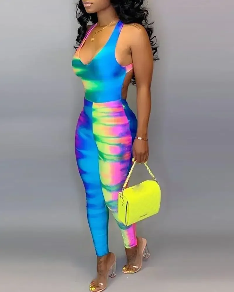 

Sexy Jumpsuit with Tie Dye Print Fashion Summer Daily High Style Form-fitting Casual Sleeveless Backless V-neck