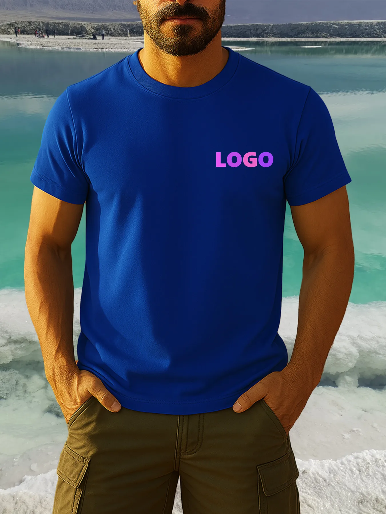 تي شيرت رجالي قابل للتخصيص - نص مخصص "You Design Here"، نمط هندسي، قطن ناعم، كاجوال برقبة دائرية وأكمام قصيرة