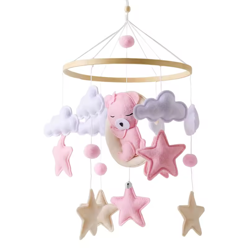 Wooden Crib Mobile Baby Bed Bell Rattle Toy Soft Felt Cartoon Bear Mobile bracket Newborn Music Box Bed Bell Hanging Bracket Toy - Image 19
