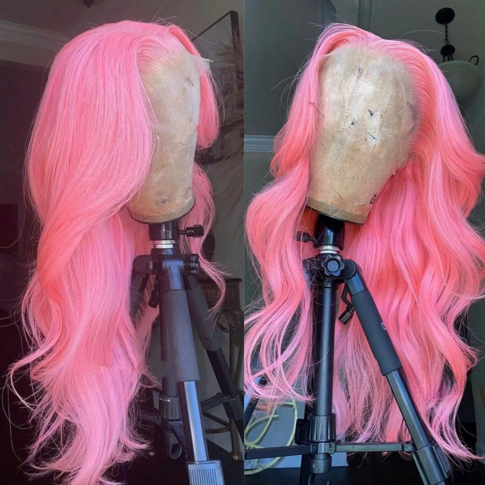 Peruca dianteira de renda sintética para mulheres, onda rosa do corpo, cabelo longo ondulado, peruca rosa doce sem cola, onda natural