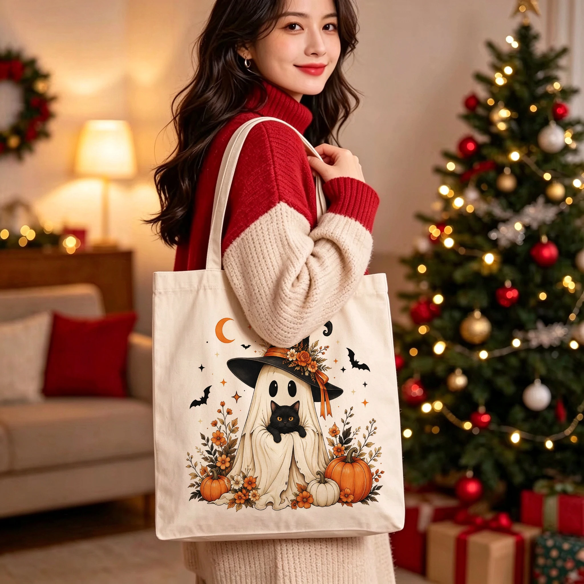 Personalized Cute Ghost Canvas Tote Bag Custom Name Halloween Spooky Pumpkin Grocery Shopping Bag Reusable for Women Girls Gifts