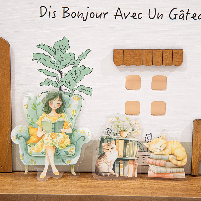 15pcs/bag PET Stickers Warm Bookstore Reading Pet Character Sticker Creative Hand Account Collage Material DIY Greeting Card