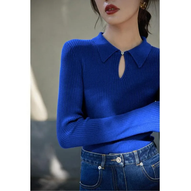 Solid Color Commuter Polo Collar Knitted Basics Women's Autumn New French Style Temperament Hollow Out Niche Sweater Pullover