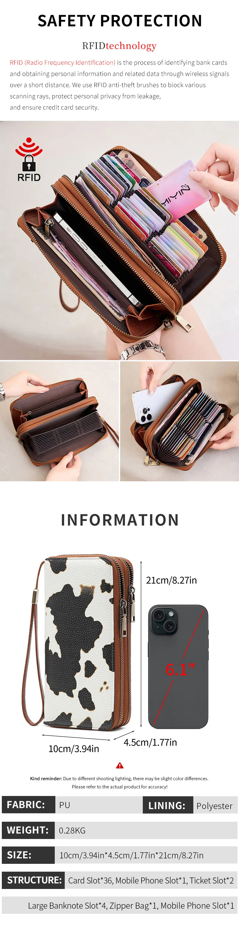 MIYIN Retro RFID-Diebstahlschutz Dreifach-Geldbörse Leopardenmuster Große Kapazität Doppelreißverschluss Handtasche Damen-Clutch mit Handgelenkschlaufe – Detail 2