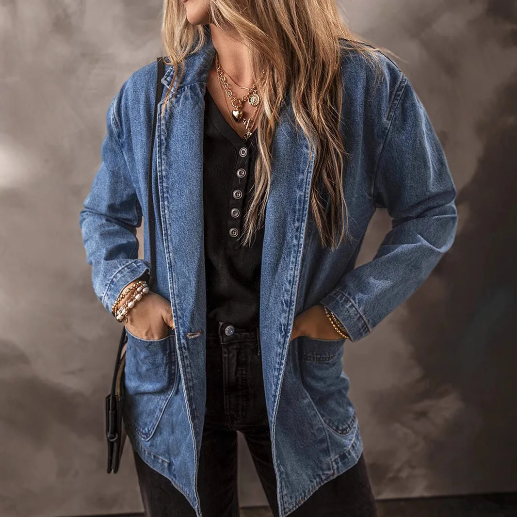 

Новый стиль, весенне-осенняя джинсовая куртка с тонким воротником и однотонным кардиганом для многослойного поверх верха