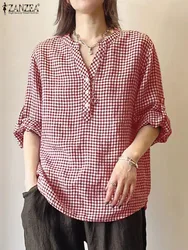 ZANZEA holgada-Blusa de manga larga a cuadros para mujer, camisa Vintage a la moda para vacaciones, Túnica informal para fiesta, Primavera