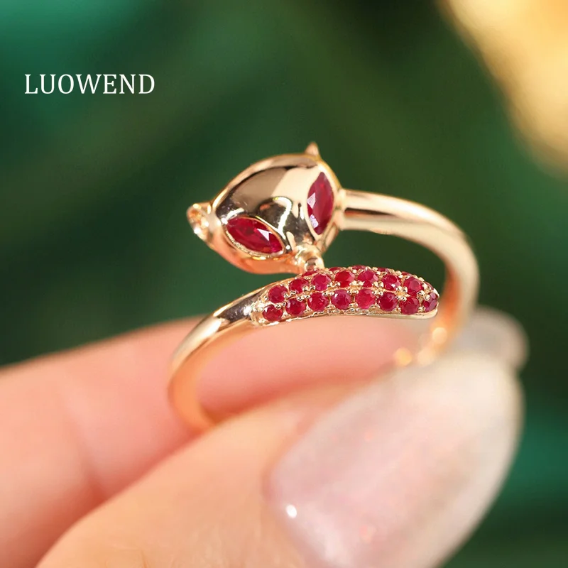 

LUOWEND 100% 18K Yellow Gold Rings Elegant Fox Shape INS Style Real Natural Diamond Natural Ruby Ring for Women High Jewelry