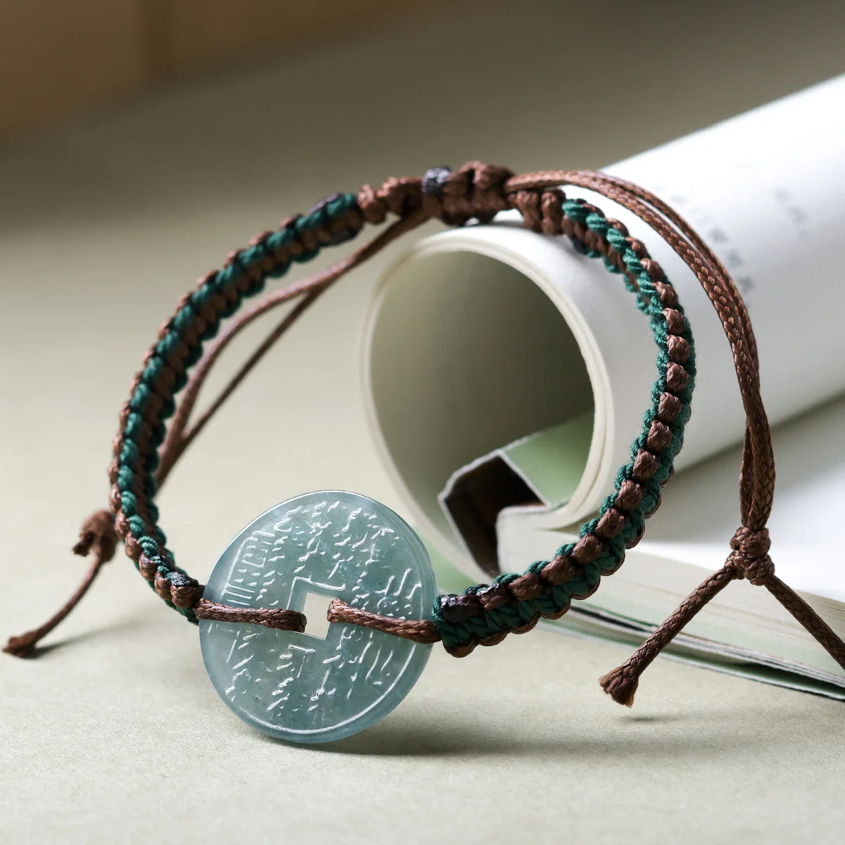 

Natural Blue Water Jadeite Mountain Ghost Coin Safety Buckle Handwoven Rope Bracelet for Curio Collecting Gifts