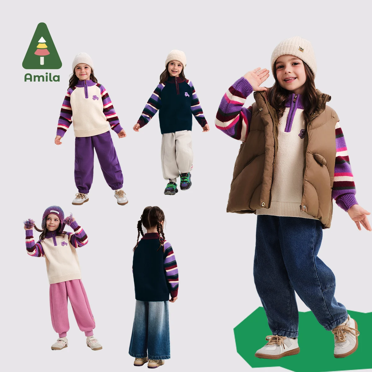 Amila Baby Sweater 2024 Winter New Girls Solid Color Warm Soft And Skin-Friendly Basic Versatile Casual Children\'s Sweater