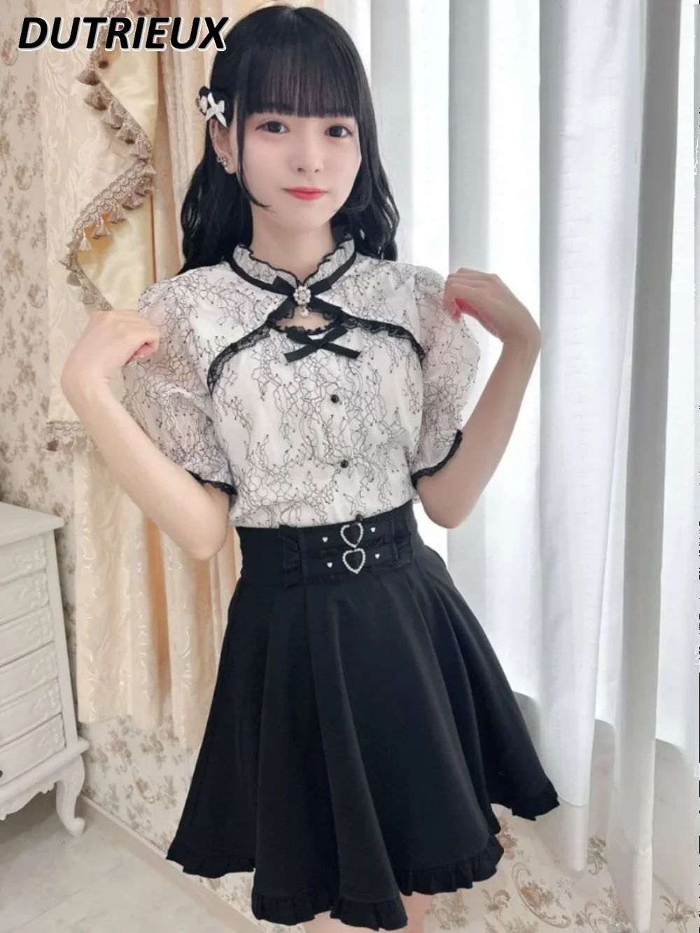 Japanese Style Summer Women's Tops Stand-Collar Hollow-out Bowknot Puff Sleeve Shirt Female Fashion Casual Elegant Blouse