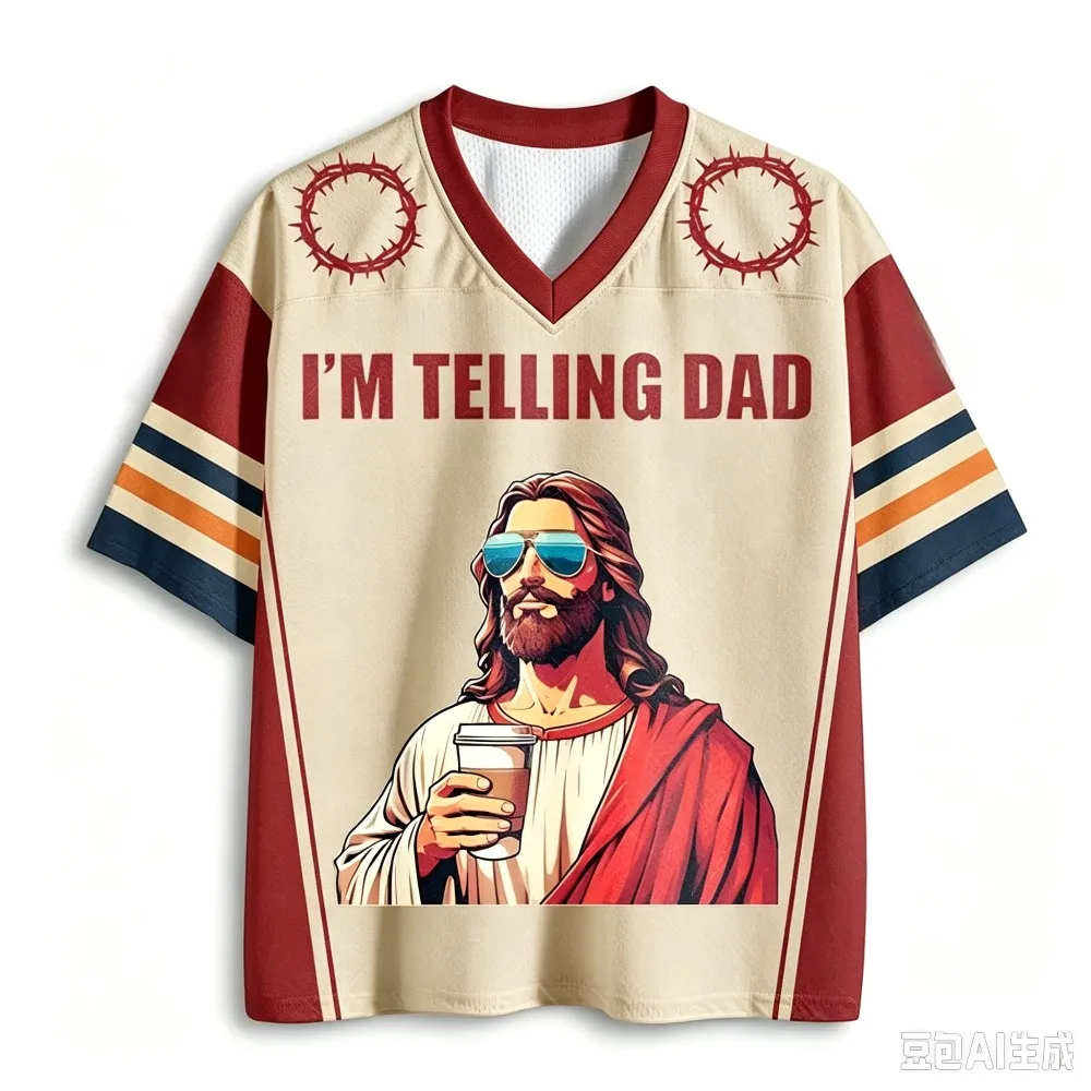Vintage Funny Jesus with Sunglasses Coffee 3DPrint V-neck Large-size Tops Men Women Summer Oversized Casual Short Sleeve T-shirt