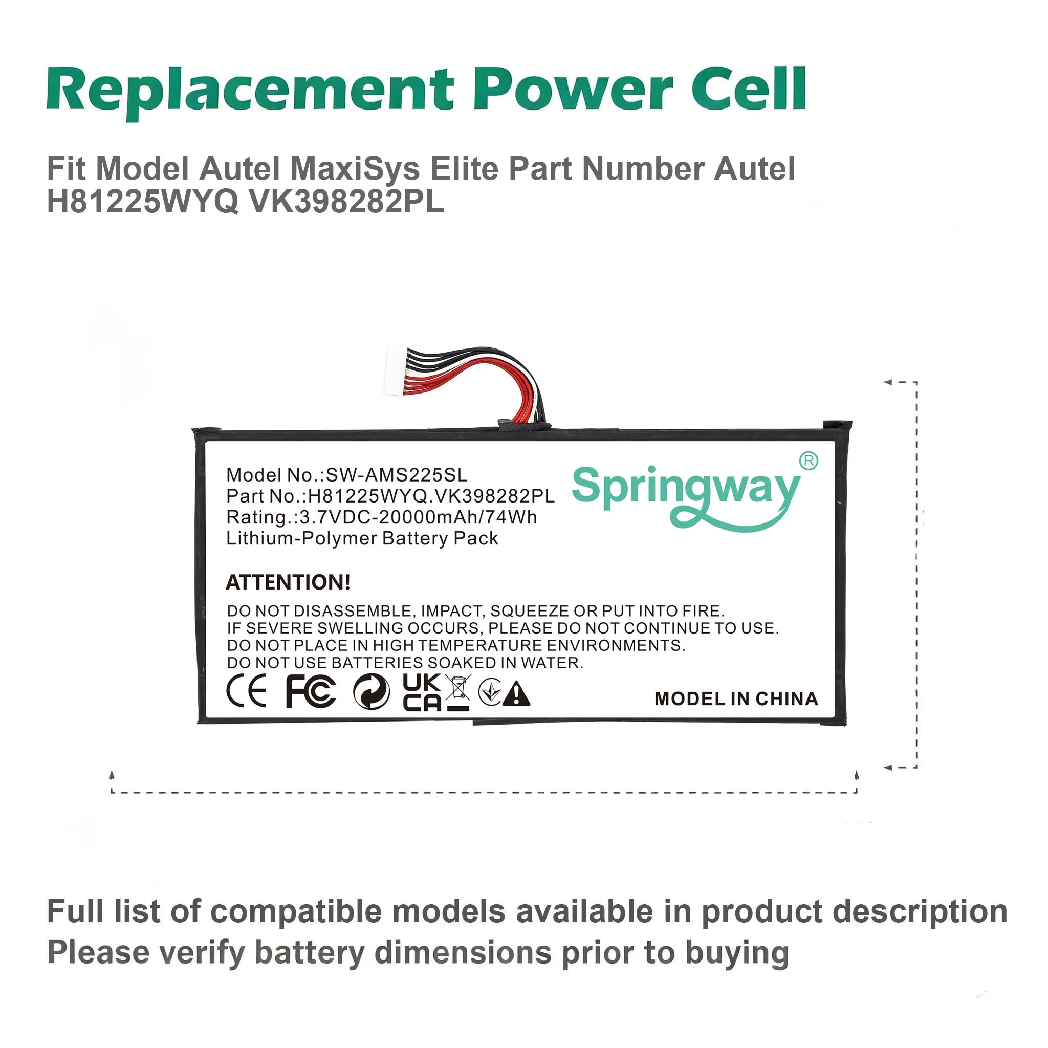 3.7V/20000mAh Diagnostic Scanner Battery  H81225WYQ,VK398282PL for Autel MaxiSys Elite