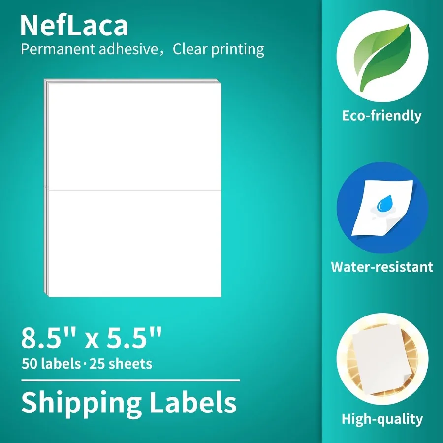 

White Shipping Labels 5.5" x 8.5" 25 Sheets 50 Labels Matte Finish Paper Material 25 Count
