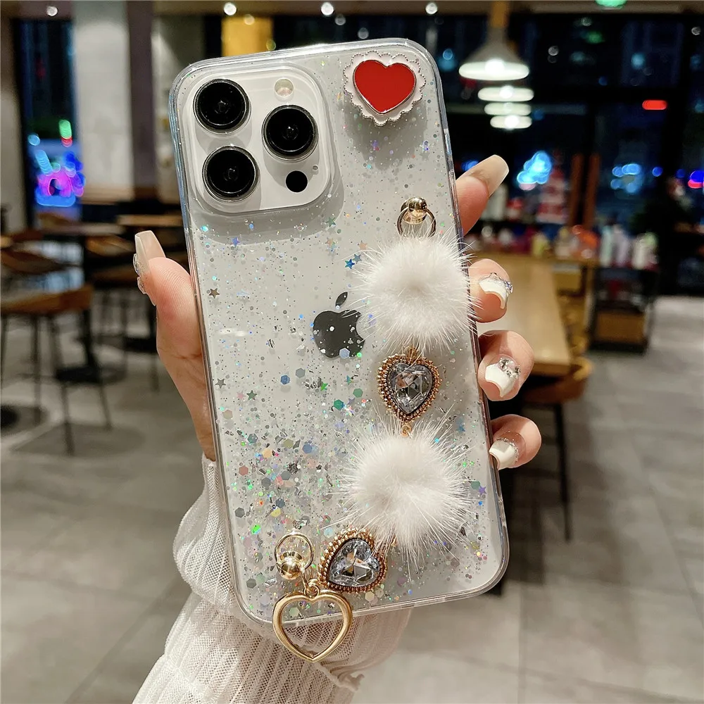 Luxury Love Heart Plush Bracelet Phone Case For Xiaomi Redmi Note 11 11S 10 9 Pro 10S 9S 10A 10C 11 Lite 11T POCO X3 Soft Cover