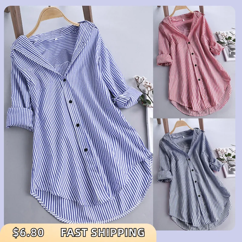 Cotton Linen Women Blouse Long Sleeve Button Shirts Turn-Down Collar Stripe Printed Top Korean Popular Clothes Blusas Para Mujer