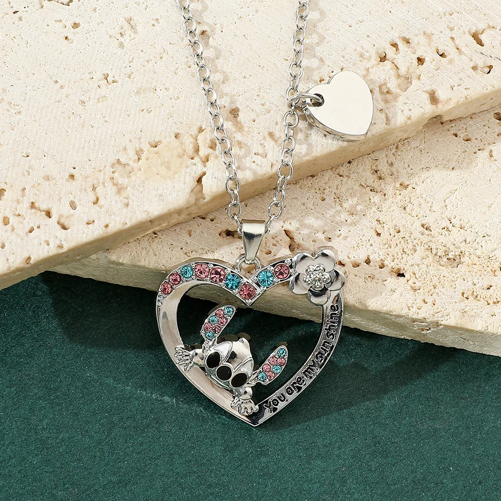 New Anime Stitch Necklace Kawaii Stitch Jewelry Accessories Cartoon Love Heart  Necklace Woman Girl You Are My Sunshine Gifts