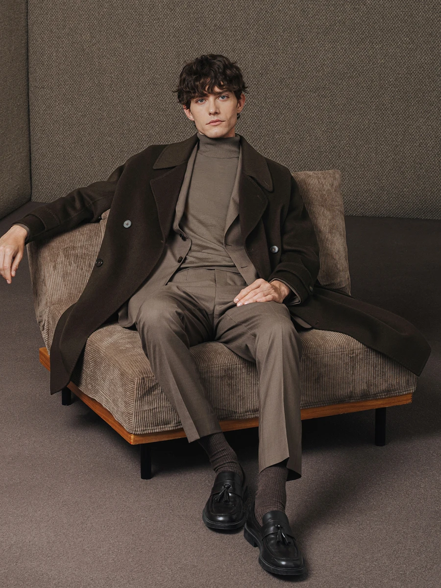 معطف رجالي 95% صوف 5% كشمير مزدوج الوجه مزدوج الصدر سترة شتوية ثقيلة منتصف طول معطف على شكل ثوب للعمل والملابس