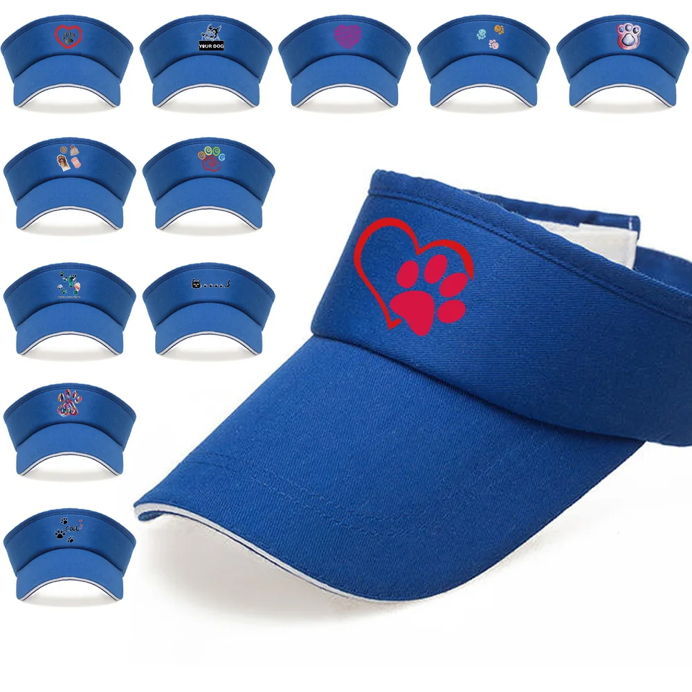 Caps Women Summer Sun Hats Unisex Cotton Adjustable Visor UV Protection Top Empty Cap Footprints Printing Series Blue Beach Cap