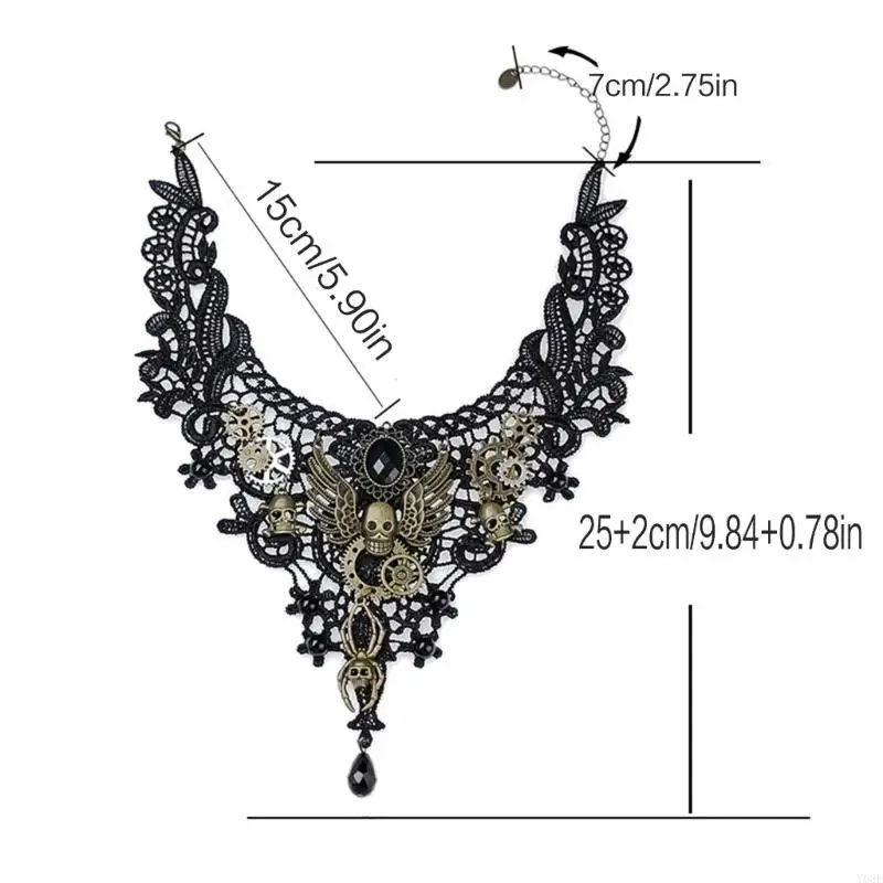 Punk Choker Necklace Flower Crystal Necklace for Girls with Delicate Gears and Skull Photo Props Choker with Wing Y08E