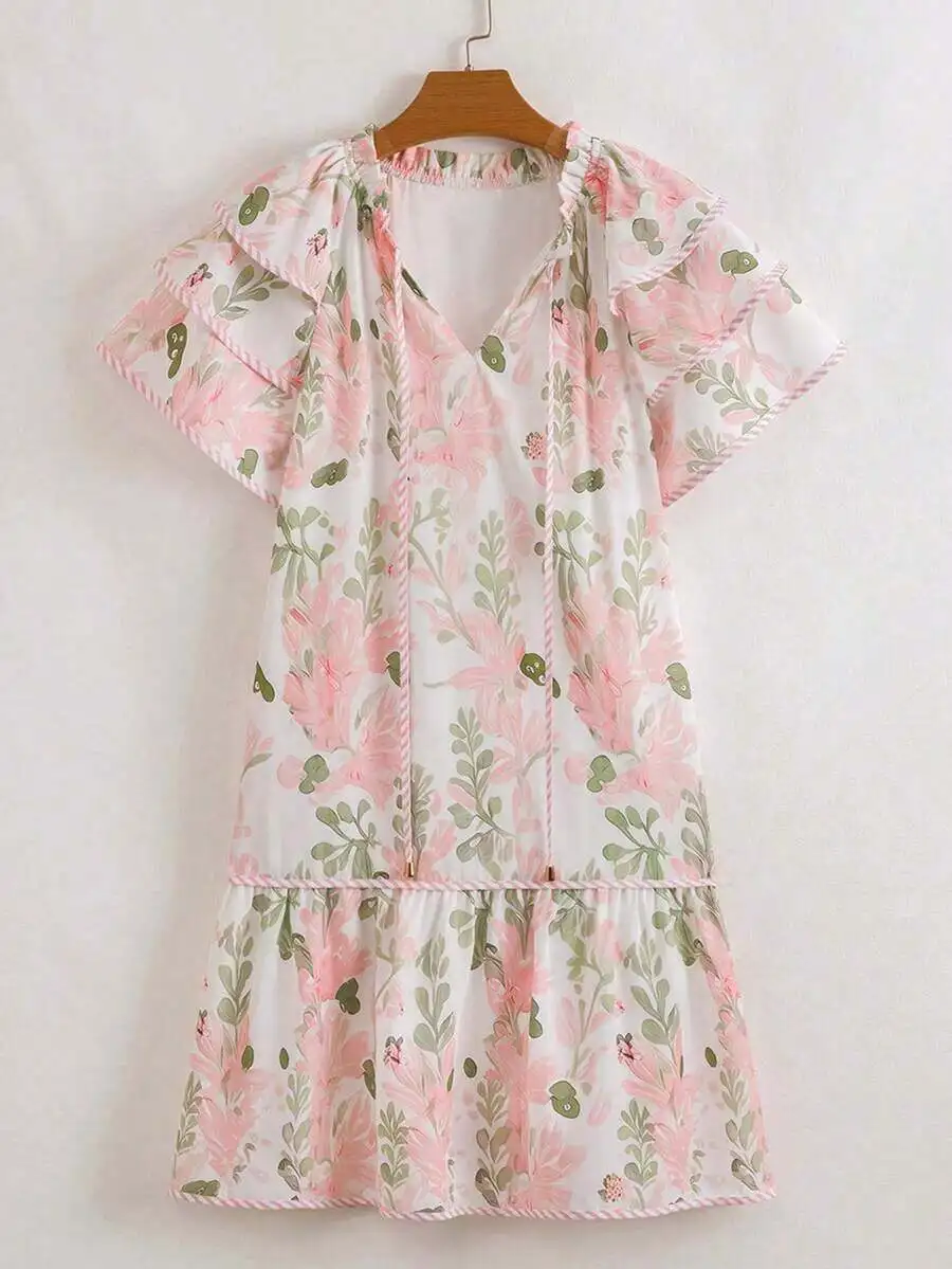 

Pink Floral Tiered Mini Dress With Ruffled Cap Sleeves, Striped Contrast Trim And V-Neck For Summer Vacation Elegance