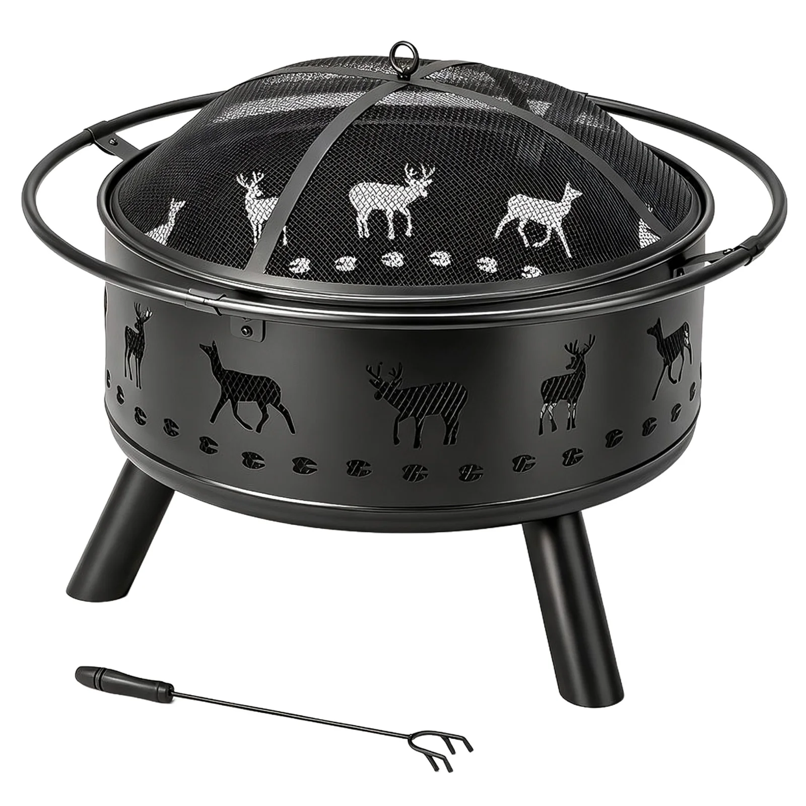 30in Round Wrought Iron Fire Pit Elk Cutout Wood Burning Firepit with Hinged Spark Screen Lid Lift Ring Poker for Backyard Patio Garden Camping