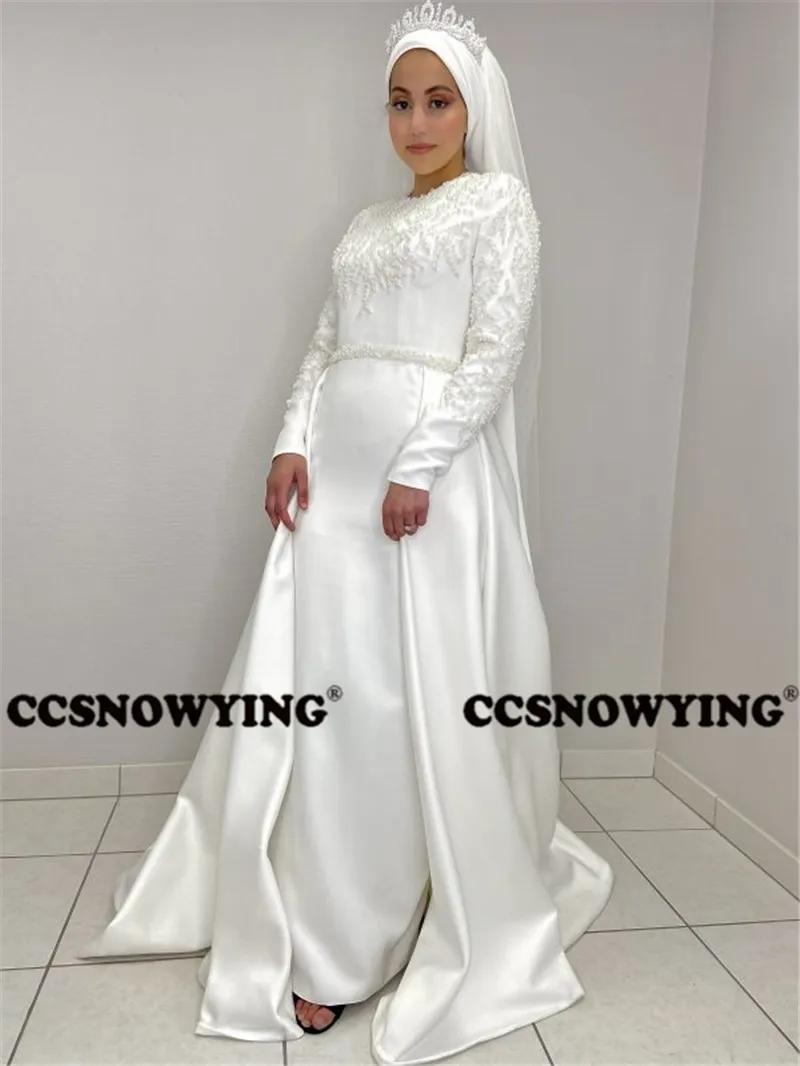 Satin Pearls Long Sleeve Muslim Wedding Dress for Bride O Neck Islamic Hijab Bridal Gowns Women Arabic Kaftan Robe De Mariée