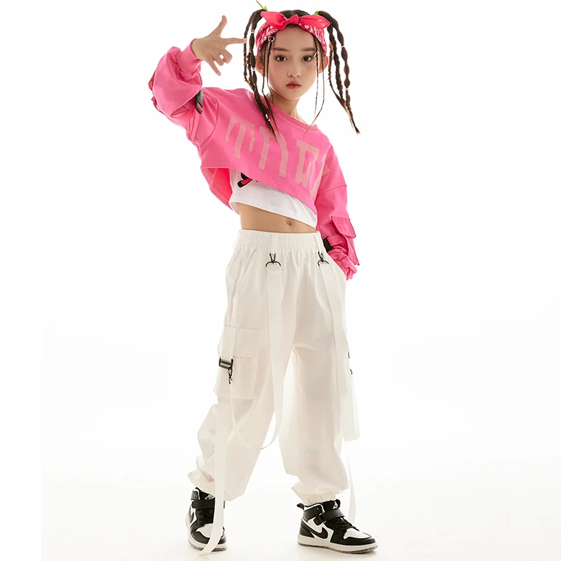 Kpop Kids Hip Hop Dance Clothes For Girls Pink Crop Tops Loose White Pants Modern Jazz Performance Costume Rave Outfit BL9560