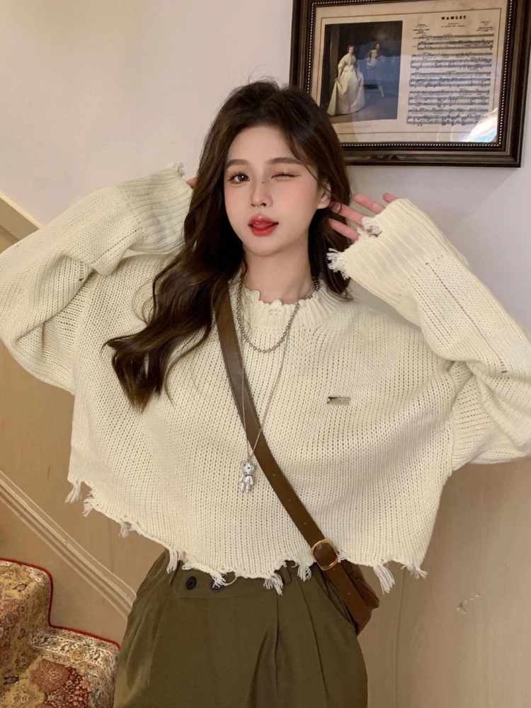 Pullovers Women Autumn Daily Loose Knitted Frayed Design Korean Fashion Crop Ins Tender Sweet Basic Students Solid All-match New