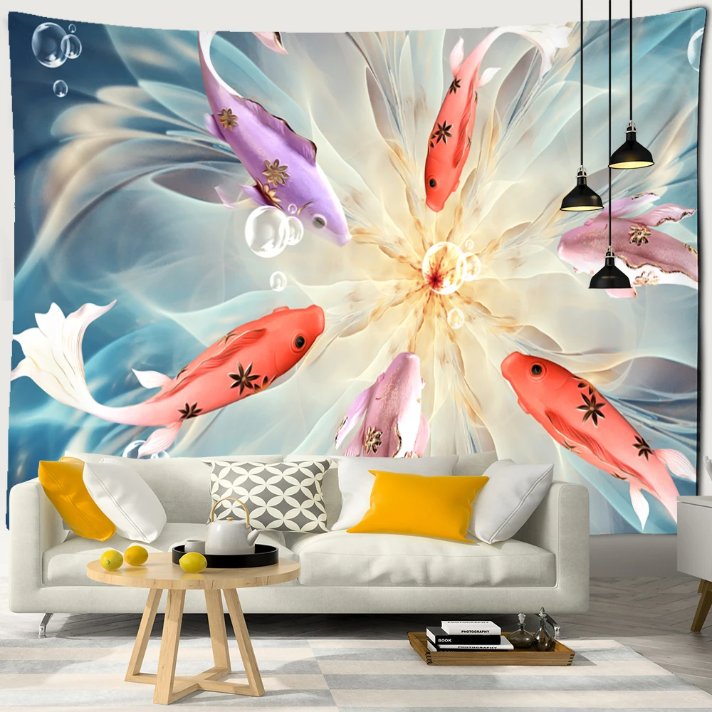 Tinte Lotus Wandbehang Wandteppich Boho Koi Tuschemalerei Ästhetische Raumkunst Psychedelic Hippie Home Decor